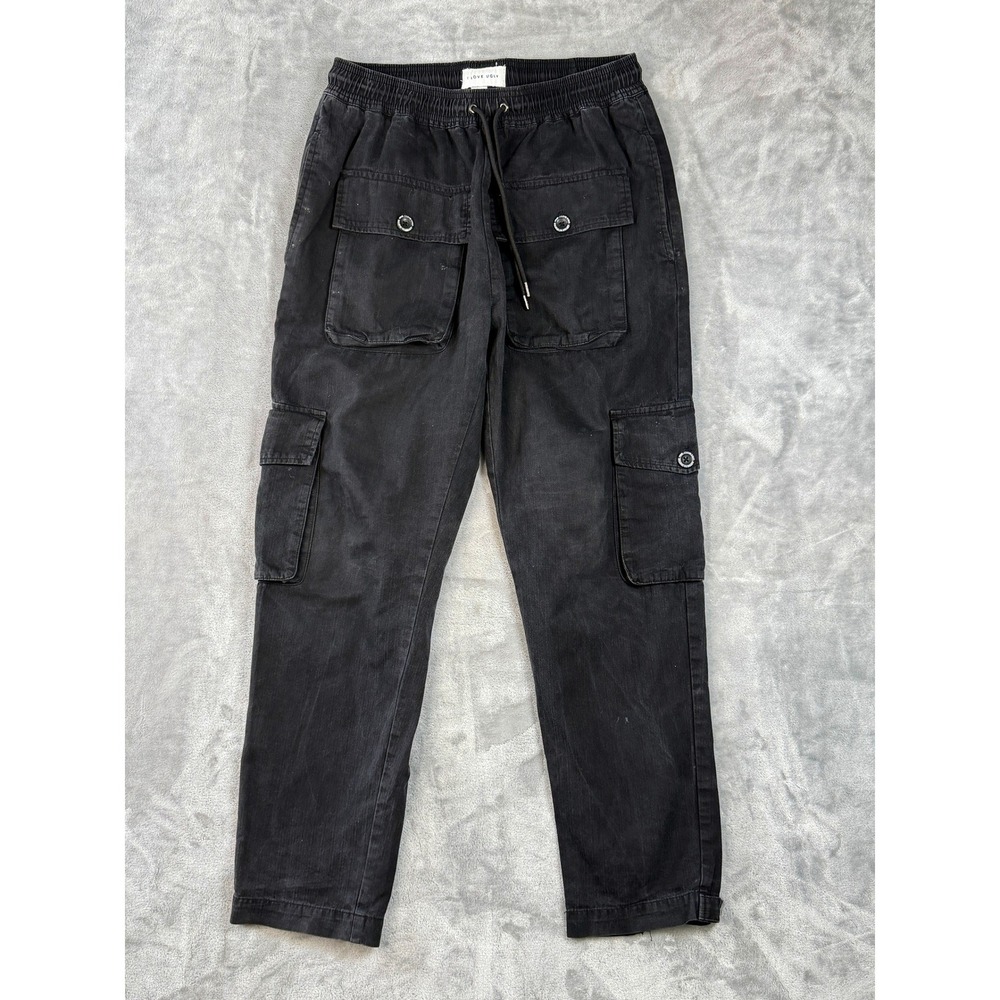 I Love Ugly Cargo Pants Mens M Black Streetwear Utility Drawstring Trousers